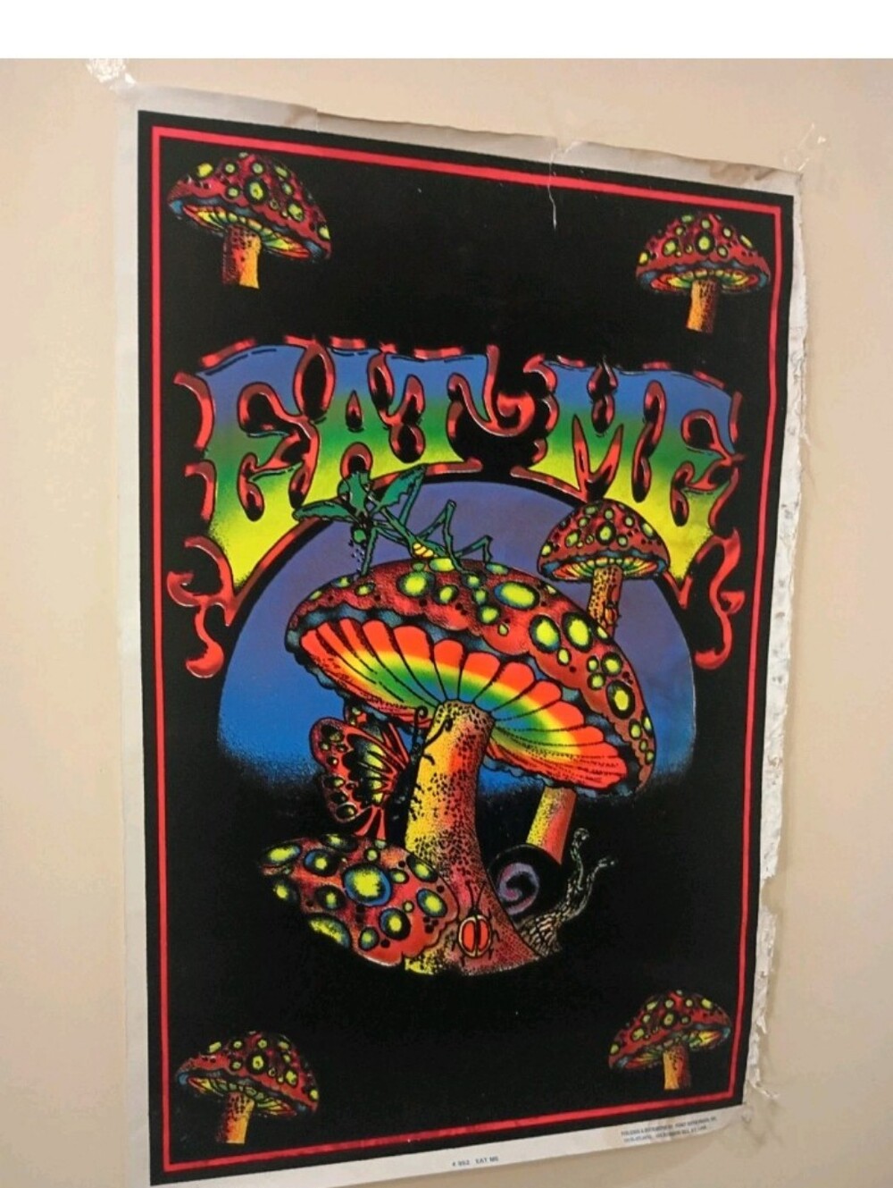 FUNKY ENTERPRISES EAT ME MAGIC MUSHROOM VINTAGE 1996 FUZZY BLACK LIGHT POSTER